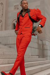 Red 3-Piece Prom Suit with Black Shawl Lapel