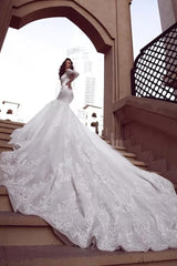 Cap sleeves Mermaid Long Train White Wedding Dresses Online-Ballbella