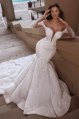 Cap sleeves Mermaid Long Train White Wedding Dresses Online-Ballbella