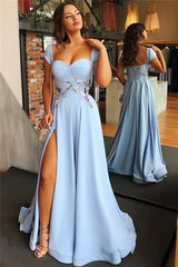 Cap Sleeves Open Back Blue Evening Dress Chic Side Slit Appliques Prom Dresses On Sale-Ballbella
