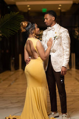 Cap sleeves Silver Beaded Gold Mermaid Long Prom Dresses-Ballbella