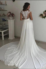 Cap sleeves V neck Chiffon Front split Court Train Wedding Dress-Ballbella