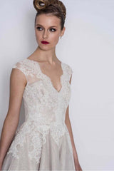 Cap sleeves V neck Princess Short Ankle length Wedding Dress-Ballbella