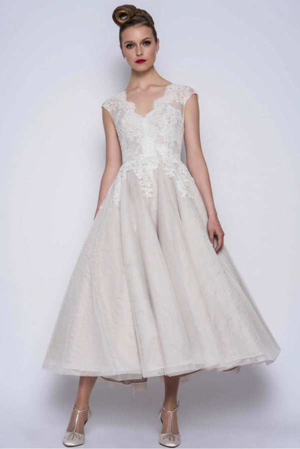 Cap sleeves V neck Princess Short Ankle length Wedding Dress Cap sleeves V neck Princess Short Ankle length Wedding Dress