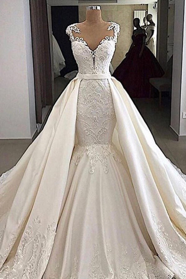 Cap Sleeves White Mermaid 2 in 1 Wedding Dresses with Overskirt Cap Sleeves White Mermaid 2 in 1 Wedding Dresses with Overskirt
