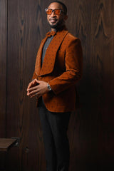 Caramel Shawl Lapel Velvet Prom Suit with Beading-Ballbella