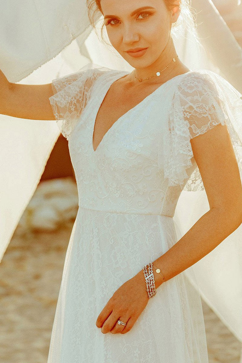 Casual Wedding Dress A Lne Chic V-Neck Short Sleeve Long Tulle Beach Wedding Party Dresses Bridal Gowns Casual Wedding Dress A Lne Chic V-Neck Short Sleeve Long Tulle Beach Wedding Party Dresses Bridal Gowns