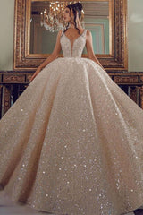 Cathedral wedding dress V Neck Aline Sequined Bridal Gowns Sleevelss-Ballbella