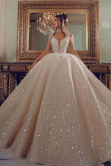 Cathedral wedding dress V Neck Aline Sequined Bridal Gowns Sleevelss-Ballbella