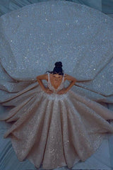 Cathedral wedding dress V Neck Aline Sequined Bridal Gowns Sleevelss-Ballbella