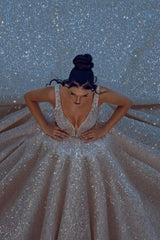 Cathedral wedding dress V Neck Aline Sequined Bridal Gowns Sleevelss-Ballbella