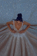 Cathedral wedding dress V Neck Aline Sequined Bridal Gowns Sleevelss-Ballbella