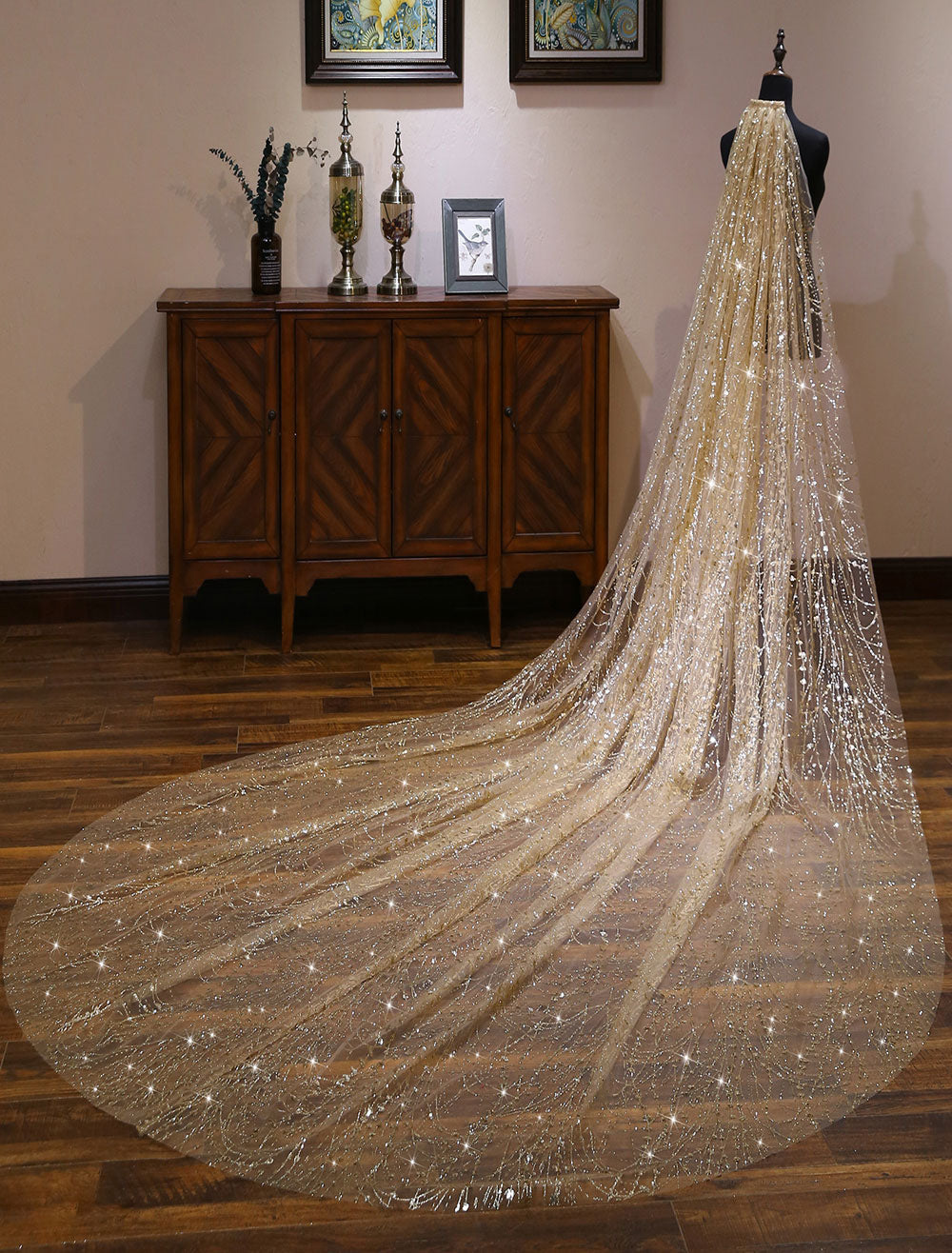 champagne wedding dress with veil Champagne Wedding Veil with Flower Lace and Pearls, 3D Floral Bridal Veil, Cathedral Veil for Bride, One-Tier Tulle Veil with Comb