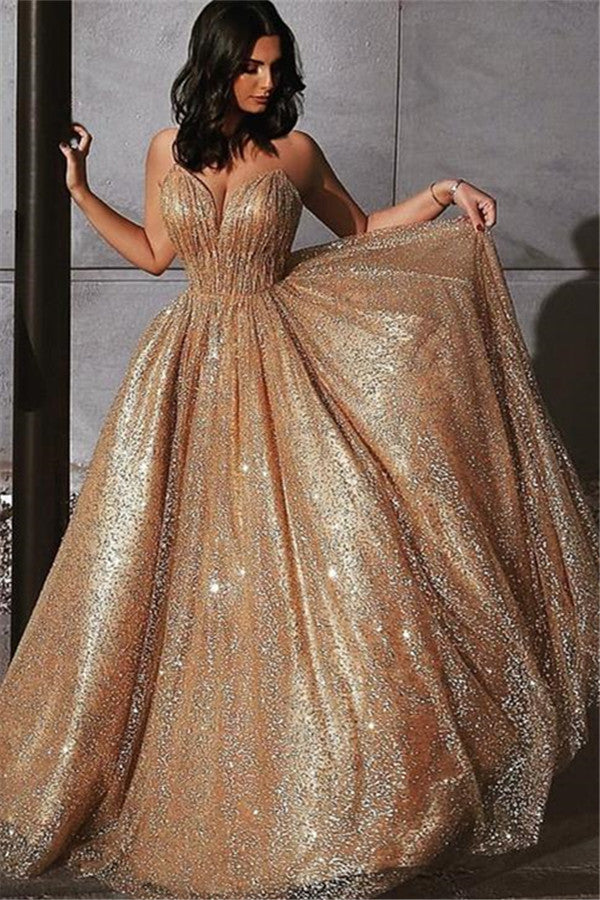 Champagne Elgant A-line Spaghetti Straps Backless Sequins Prom Dresses Champagne Elgant A-line Spaghetti Straps Backless Sequins Prom Dresses