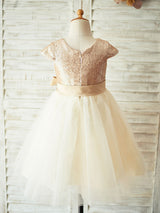 Champagne Jewel Neck Short Sleeves Sash Kids Party Dresses-Ballbella
