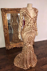 Champagne Sequins V-neck Long Sleevess Mermaid Prom Dresses-Ballbella