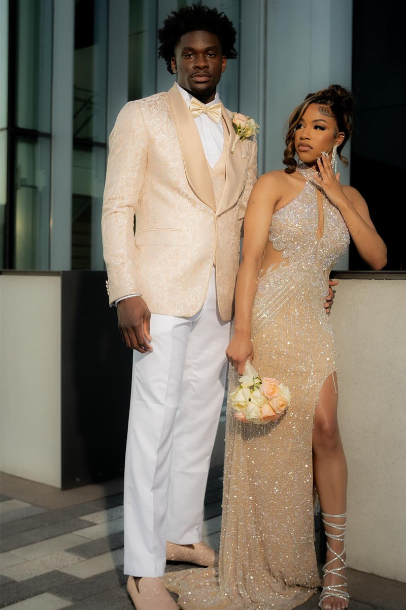 Champagne Shawl Lapel 3-Piece Jacquard Prom Suit Champagne Shawl Lapel 3-Piece Jacquard Prom Suit