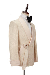 Champagne Shawl Lapel Slim Jacquard Wedding Men Suits-Ballbella