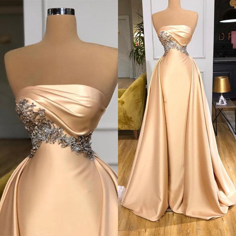 Champagne Strapless Overskirt Prom Dress Long With Crystals Champagne Strapless Overskirt Prom Dress Long With Crystals