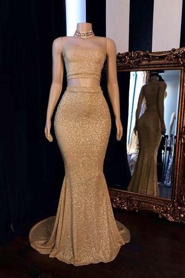 Champagne Two-Piece Strapless Long Mermaid Prom Dresses with Choker Champagne Two-Piece Strapless Long Mermaid Prom Dresses with Choker