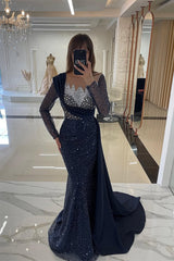 Champange Mermaid Long Sleeves Sequin Floor length Evening Dresses-Ballbella