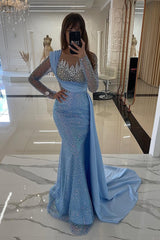 Champange Mermaid Long Sleeves Sequin Floor length Evening Dresses-Ballbella