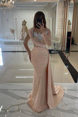 Champange Mermaid Long Sleeves Sequin Floor length Evening Dresses-Ballbella