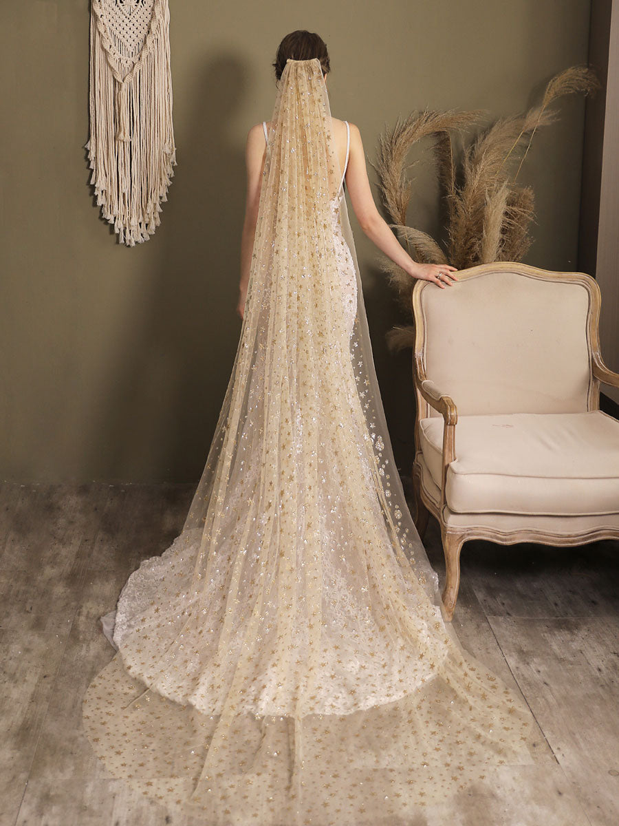 Champange Wedding Veil One-Tier Sequins Stars Tulle Finished Edge Waterfall Bridal Veils Champange Wedding Veil One-Tier Sequins Stars Tulle Finished Edge Waterfall Bridal Veils