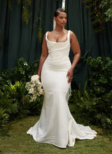 Charmeuse Mermaid Fitted Wedding Dress Cowl Neck Sleeveless Design Sweep Train-Ballbella