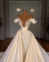Charming A-Line Off-the-shoulder Cathedral V-Neck Long Wedding Dress-Ballbella