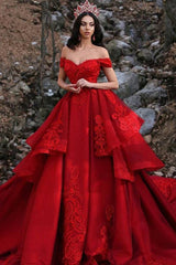 Charming Ball Gown Appliques Off-the-Shoulder Sleeveless Prom Party Gowns-Ballbella