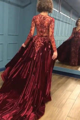 Charming Beading Burgundy Long Sleevess Prom Dresses with Appliques-Ballbella