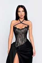 Charming Black Asymmetrical Halter Sleeveless Satin Lace Prom Dresses High Split With Pleats-Ballbella