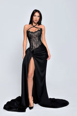 Charming Black Asymmetrical Halter Sleeveless Satin Lace Prom Dresses High Split With Pleats-Ballbella