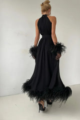 Charming Black Halter Chiffon Prom Dress A-Line Feather With Gloves Zipper-Ballbella