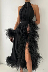 Charming Black Halter Chiffon Prom Dress A-Line Feather With Gloves Zipper-Ballbella