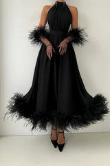 Charming Black Halter Chiffon Prom Dress A-Line Feather With Gloves Zipper-Ballbella