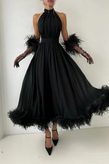 Charming Black Halter Chiffon Prom Dress A-Line Feather With Gloves Zipper-Ballbella