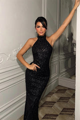 Charming Black Halter Sleeveless Sequins Prom Dresses Mermaid Column On Sale-Ballbella