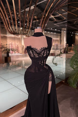 Charming Black One Shoulder Sweetheart Sleeveless Prom Dresses Mermaid Side Split Lace With Pleats-Ballbella