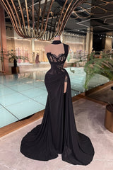 Charming Black One Shoulder Sweetheart Sleeveless Prom Dresses Mermaid Side Split Lace With Pleats-Ballbella