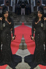 Charming Black Sequins Long-Sleeves Deep-V-Neck Alluring Prom Dresses-Ballbella