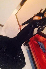 Charming Black Sequins Long-Sleeves Deep-V-Neck Alluring Prom Dresses-Ballbella