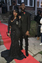 Charming Black Sequins Long-Sleeves Deep-V-Neck Alluring Prom Dresses-Ballbella