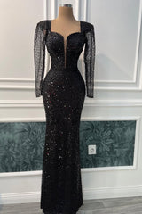 Charming Black Sweetheart Long Sleeves Sequins Prom Dresses Mermaid Online-Ballbella