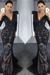 Charming Black Tulle Nude Lining Evening Dresses with Sleeves Elegant Long Sleeves Beads Appliques Prom Dresses-Ballbella