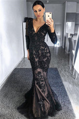 Wanna Prom Dresses, Evening Dresses in Tulle,  Mermaid style,  and delicate Appliques work? Ballbella has all covered on this elegant Charming Black Tulle Nude Lining Evening Dresses with Sleeves Elegant Long Sleeves Beads Appliques Prom Dresses yet cheap price.