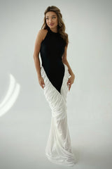 Charming Black White Halter Sleeveless Chiffon Prom Dresses Long With Pleats-Ballbella