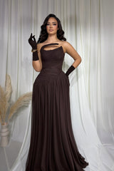 Charming Chocolate Strapless Sleeveless Chiffon Prom Dresses A-Line With Pleats-Ballbella