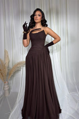 Charming Chocolate Strapless Sleeveless Chiffon Prom Dresses A-Line With Pleats-Ballbella